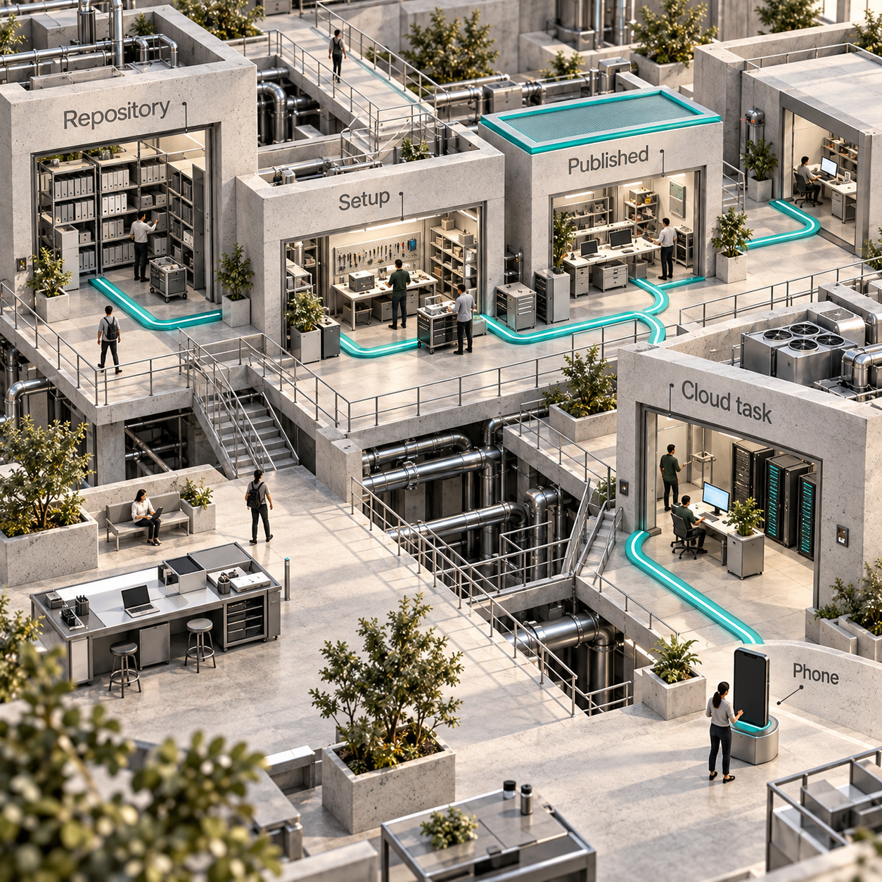 An architectural flow connects repository preparation, published setup, a separate cloud task, and phone control.