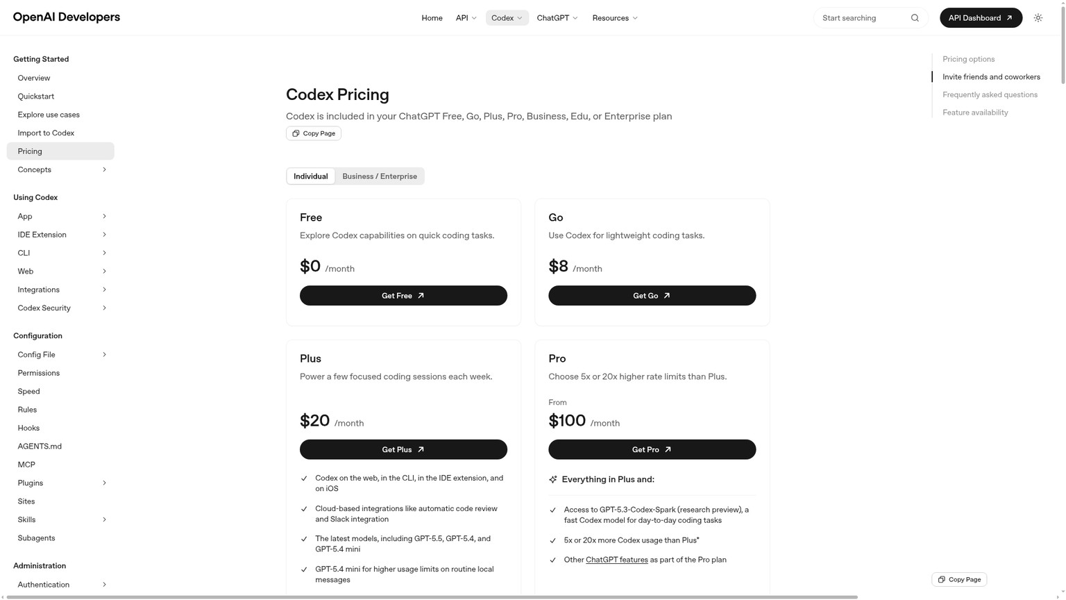 Free、Go、Plus、Pro、Business、Enterprise、APIの選択肢を掲載したOpenAI Codexの料金ページ