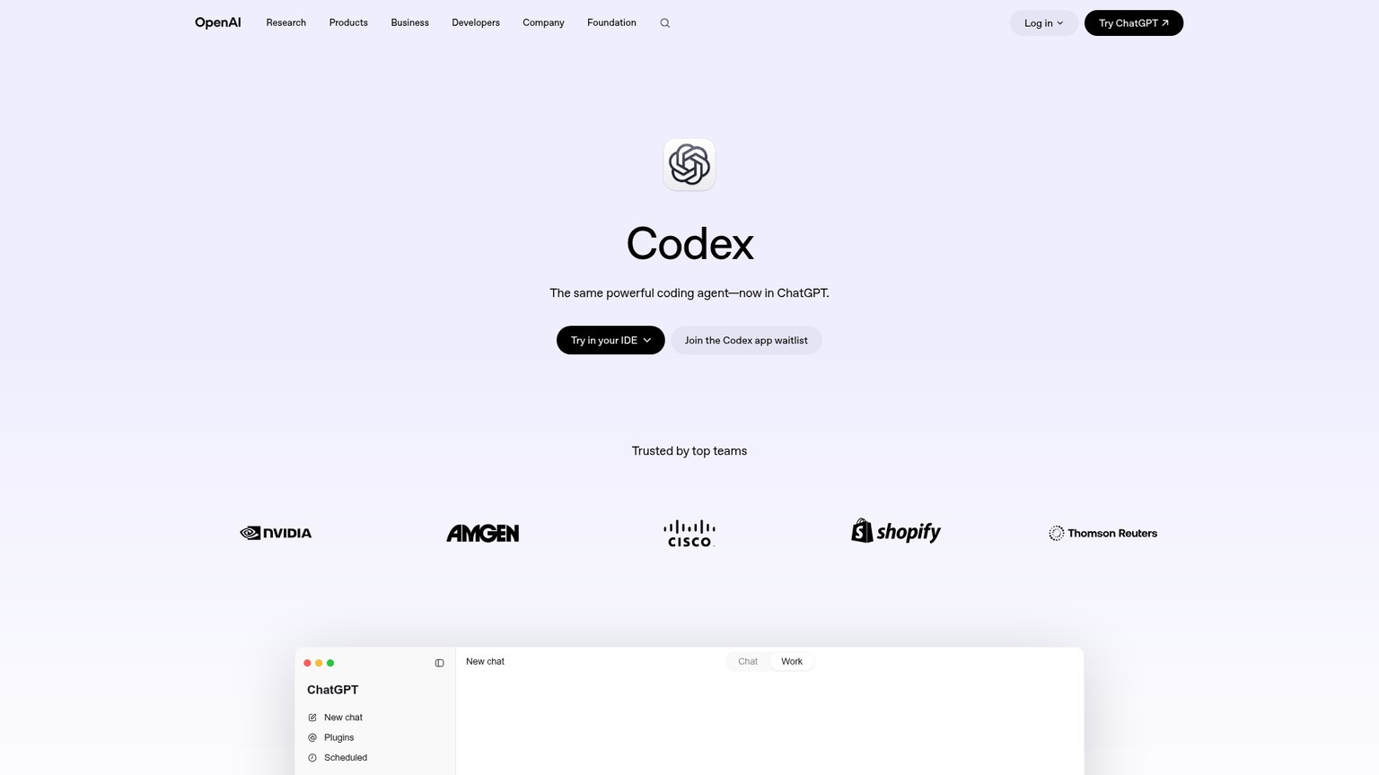 OpenAI Codex product page showing its coding-agent surfaces