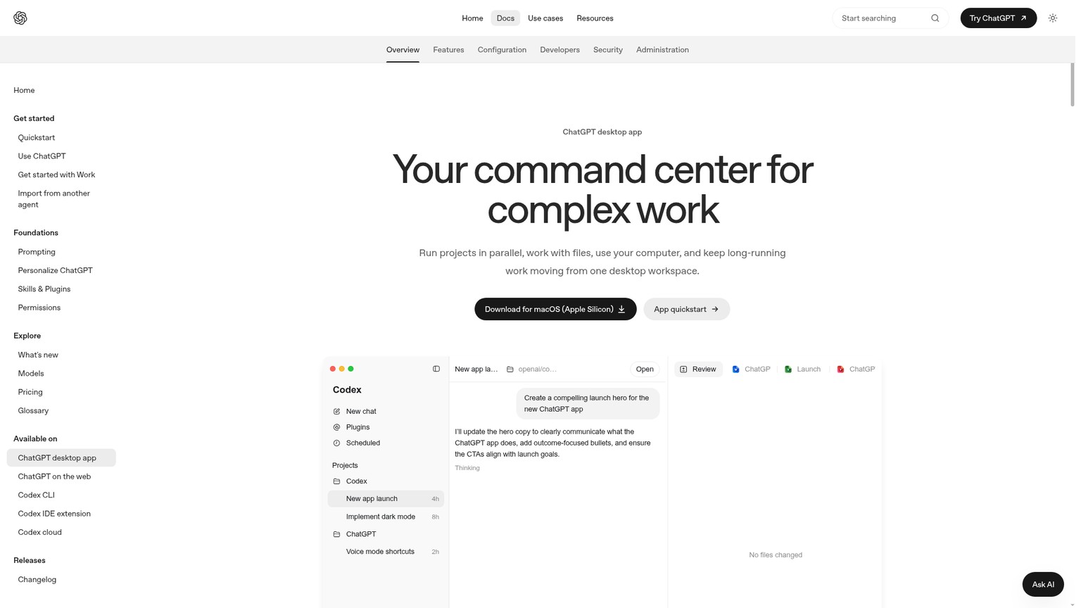 ChatGPT desktop app documentation showing projects and long-running work