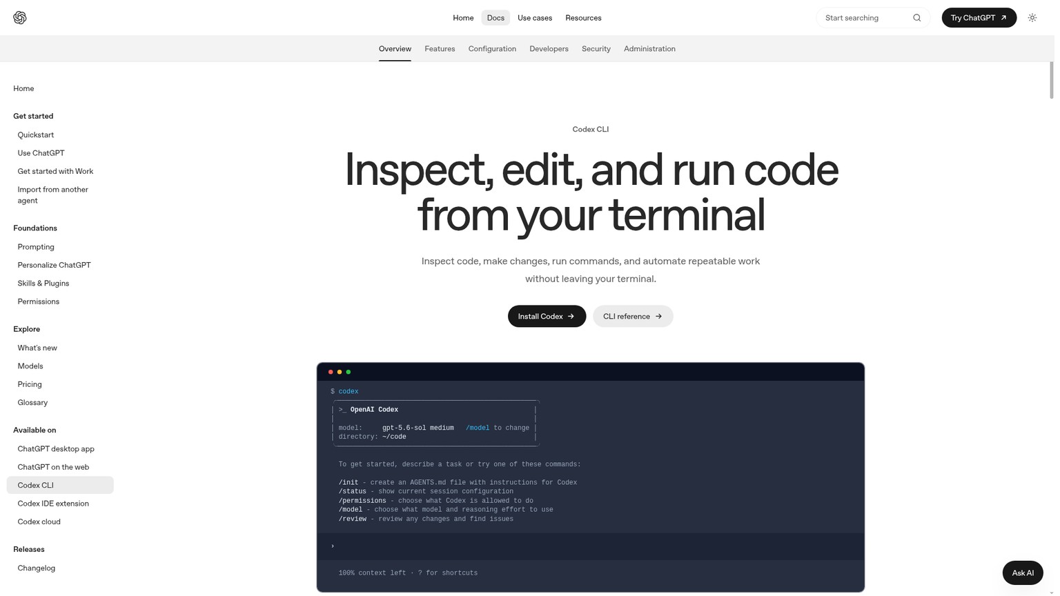 Codex CLI documentation with terminal workflows and review commands