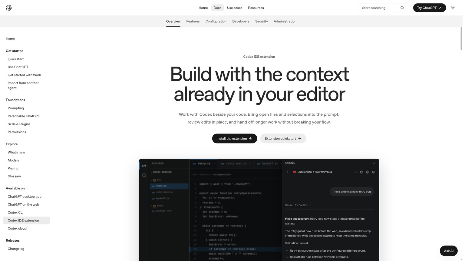Codex IDE extension documentation showing editor context and in-place review