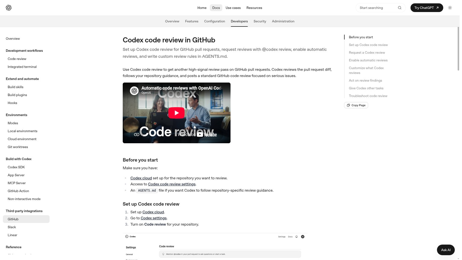 Codex GitHub Code Review documentation showing review setup and pull-request triggers