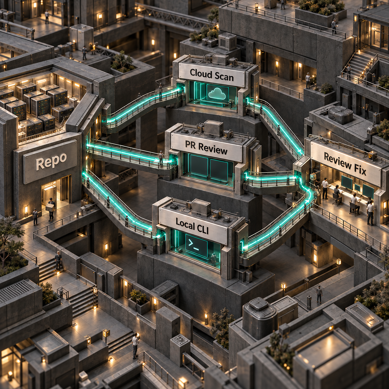 A repository feeds Cloud Scan, PR Review, and Local CLI paths, which meet at a human review checkpoint.