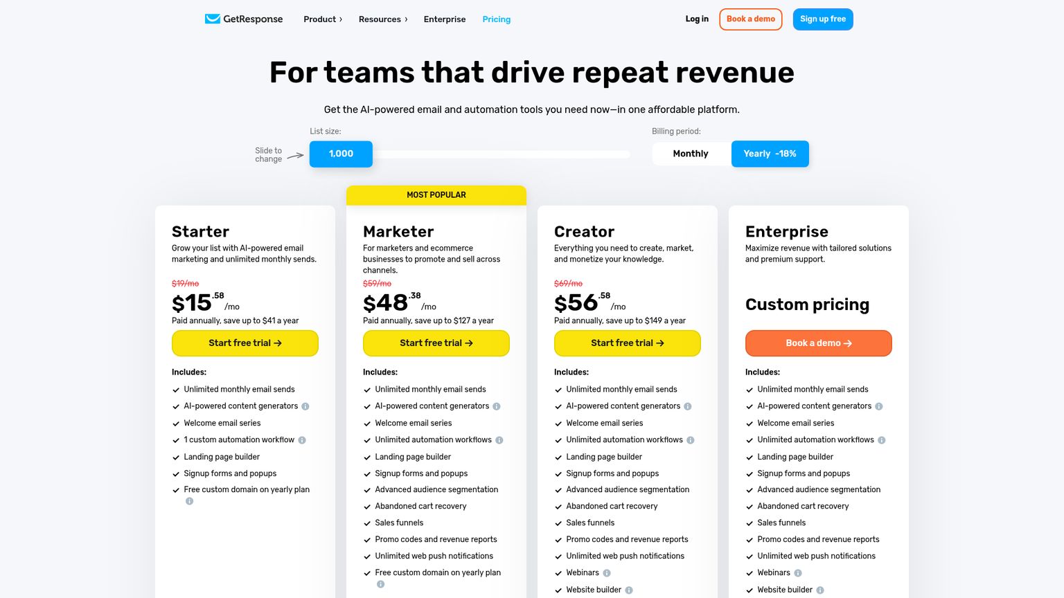 خطط Starter وMarketer وCreator وEnterprise في GetResponse