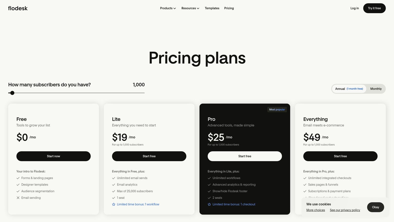 خطط Free وLite وPro وEverything في Flodesk بتسعير حسب عدد المشتركين