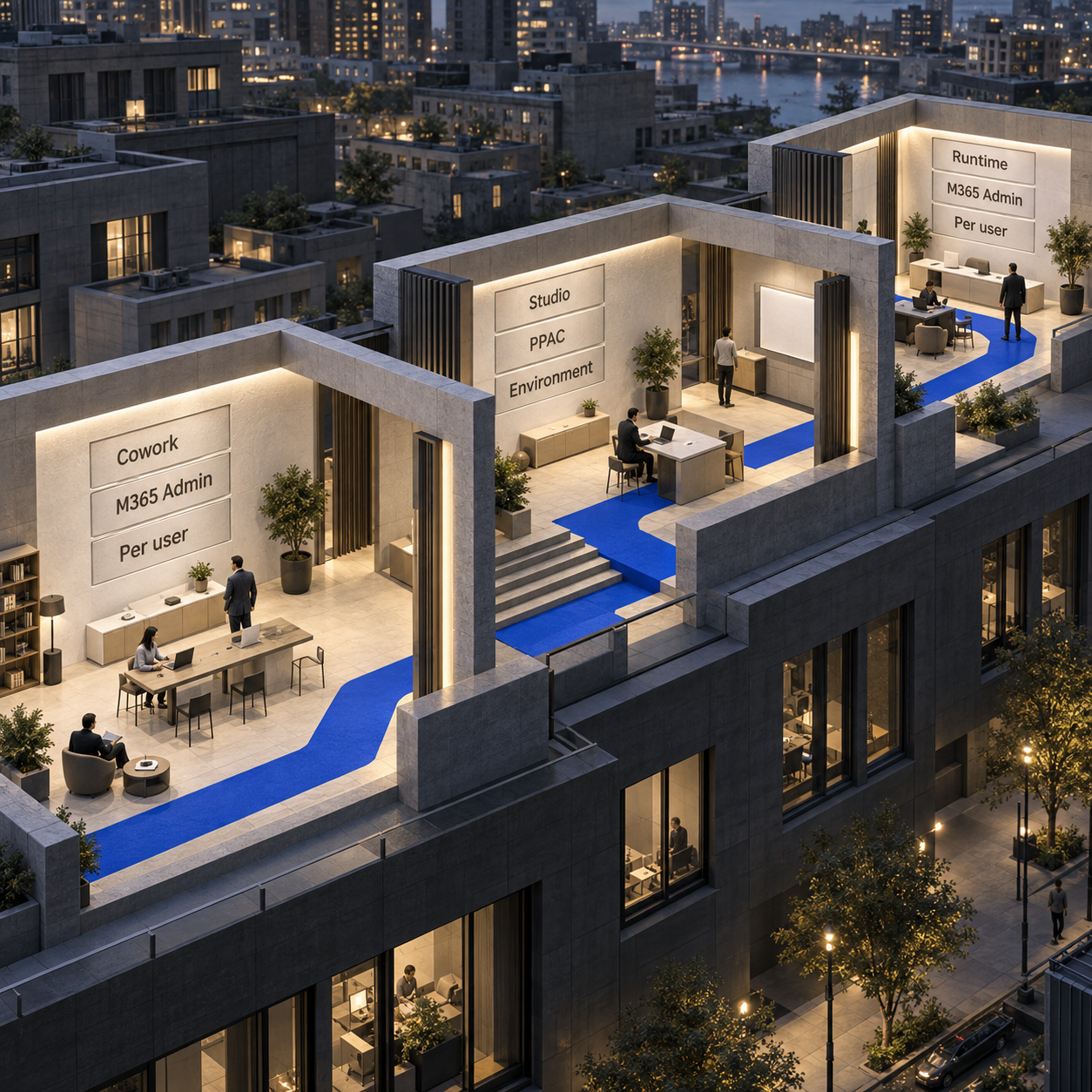 خريطة قرار تعرض سياسات Cowork ووقت التشغيل في إدارة Microsoft 365 وفوترة بناء Studio في PPAC