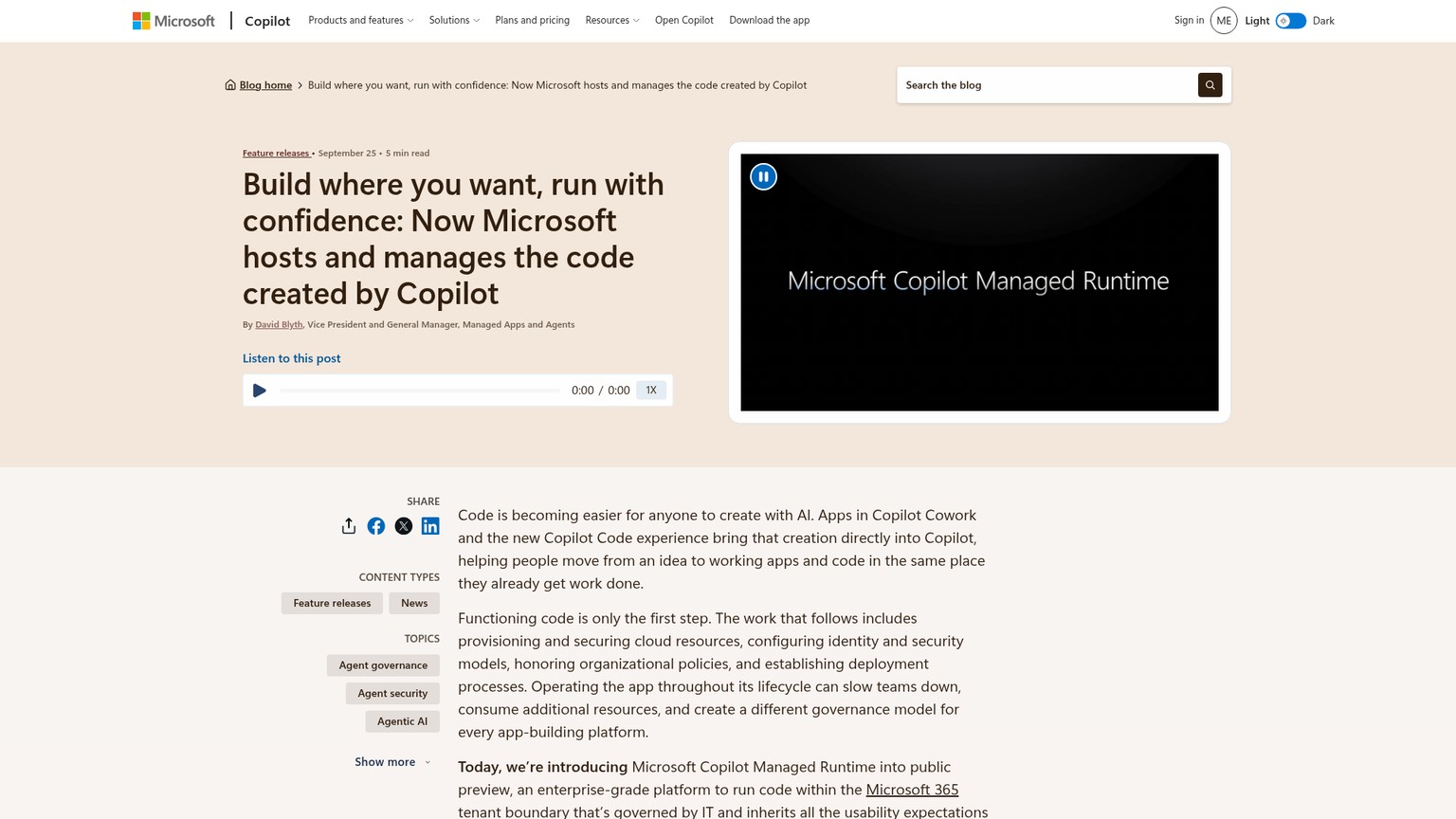 صفحة إعلان Microsoft عن إتاحة Copilot Managed Runtime في المعاينة العامة
