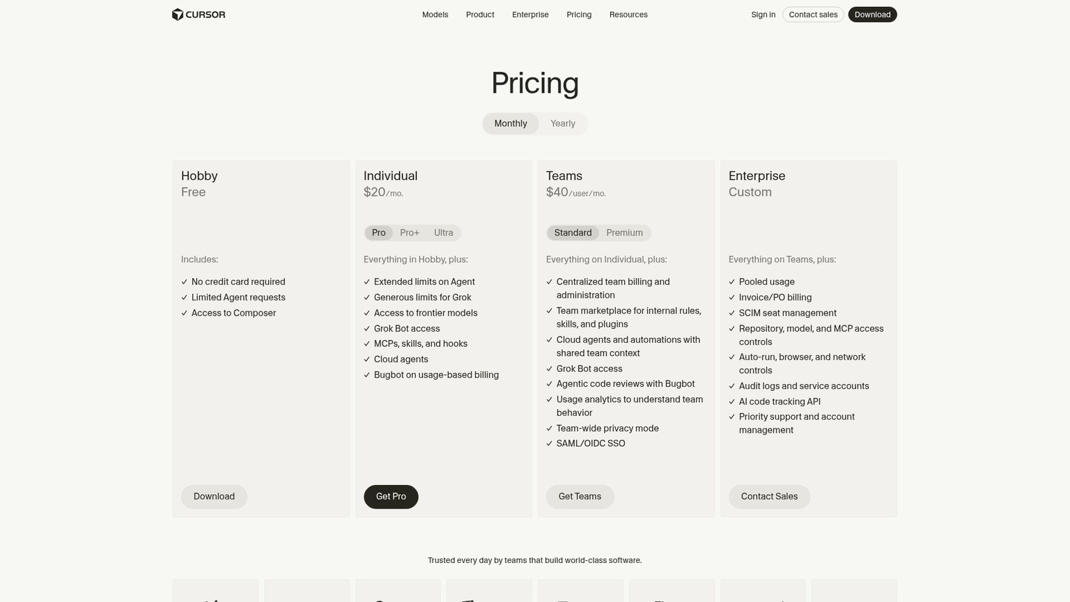 Cursor pricing page showing its current individual and team plans