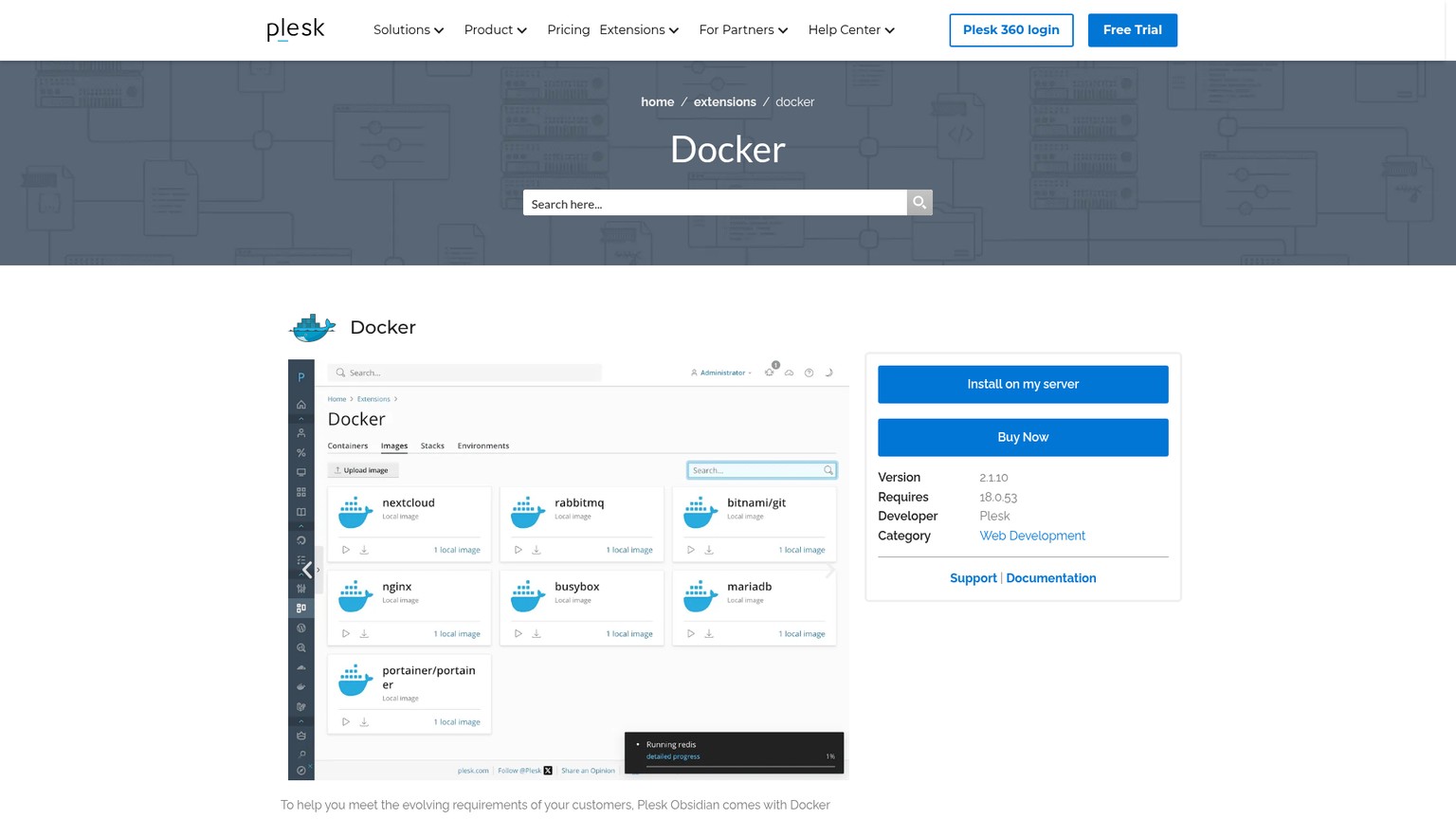 Plesk Docker extension page showing container and Docker Compose management