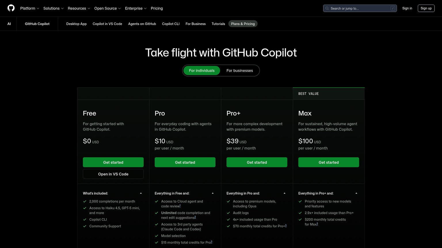GitHub Copilot pricing page with Free, Pro, Pro Plus, and Max individual plans
