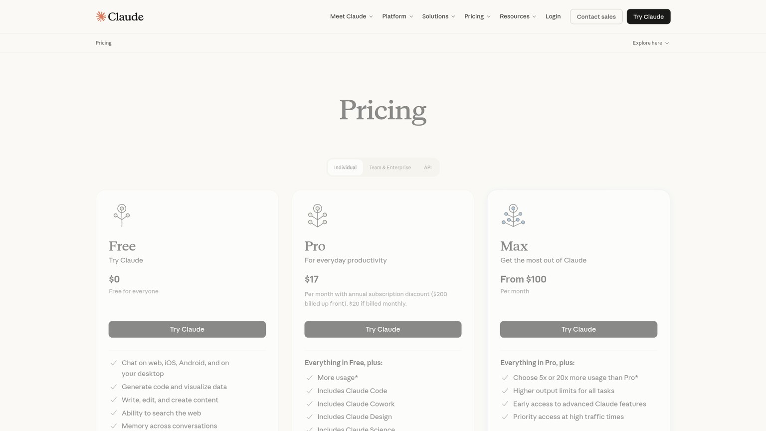 Claude pricing page showing Free, Pro, and Max plans with Claude Code included on paid plans