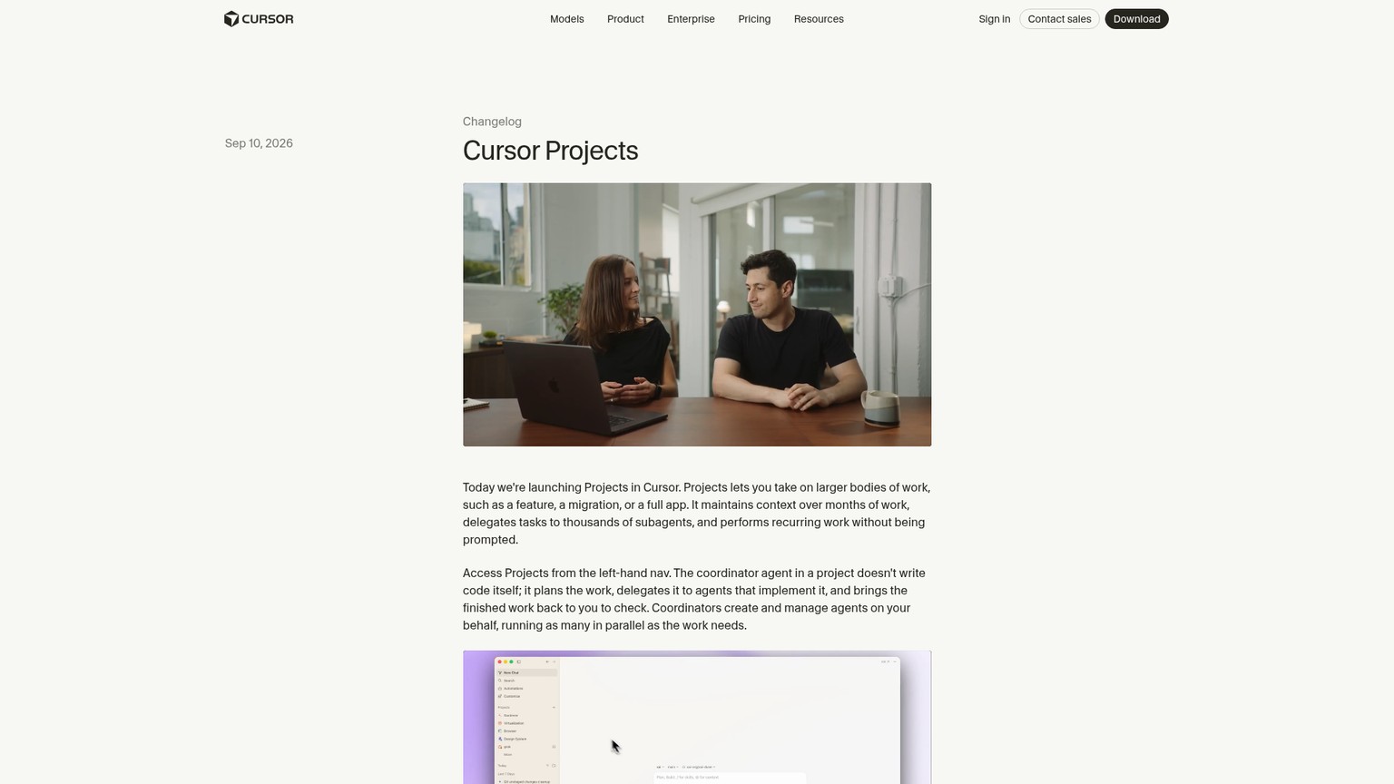 Cursor Projects launch page showing the coordinator, shared context, and subscriptions