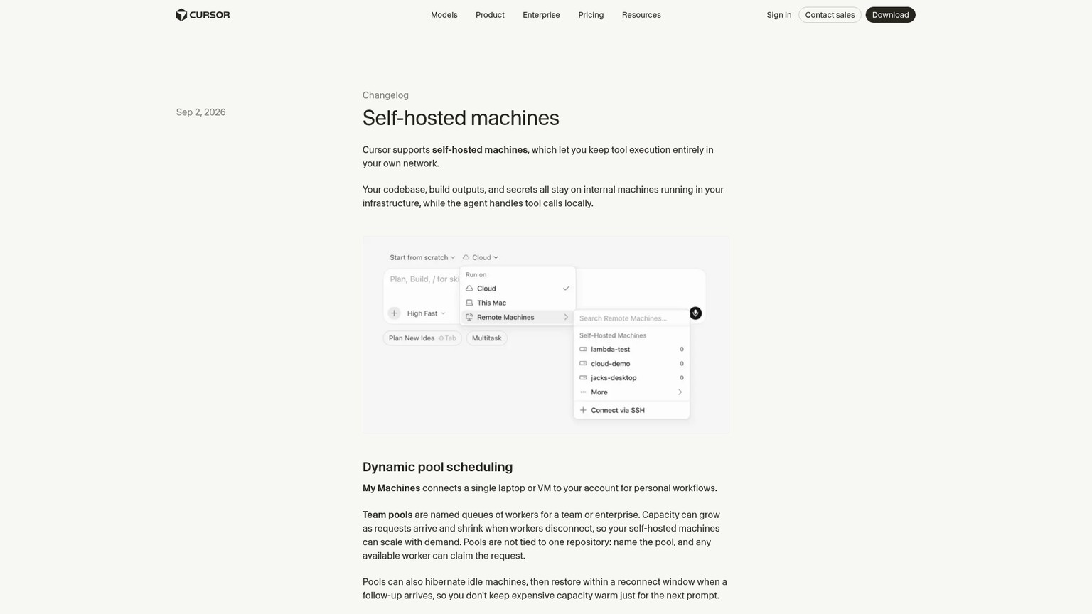 قائمة Run on في Cursor ولوحة مجموعة Self-Hosted Machines