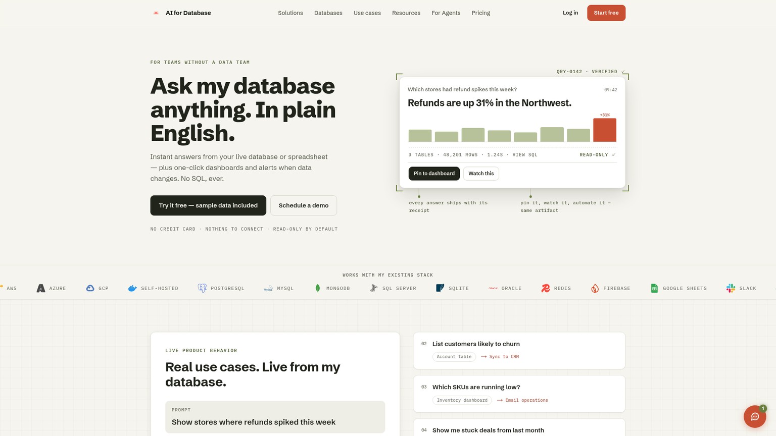 Page produit d’AI for Database consacrée aux requêtes en langage naturel et aux tableaux de bord