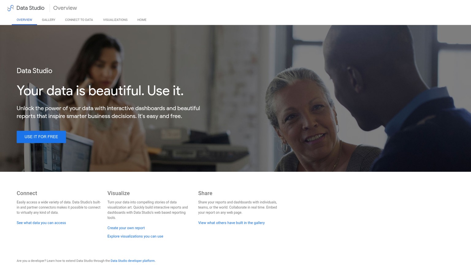 Page d’accueil de Google Data Studio consacrée au reporting