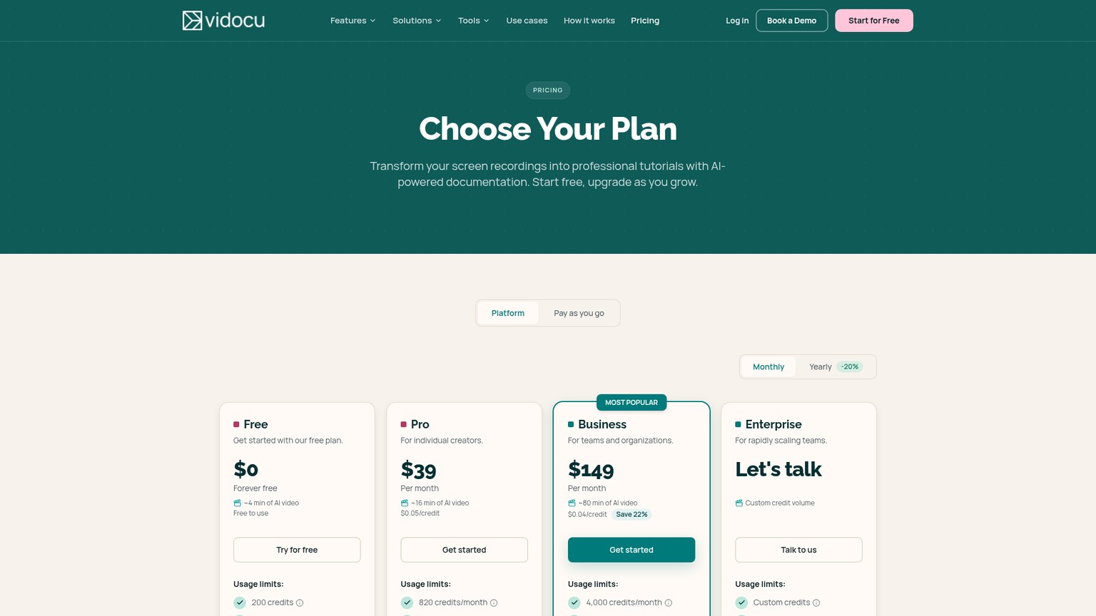 Vidocu pricing page with Free, Pro, Business, and Enterprise plans