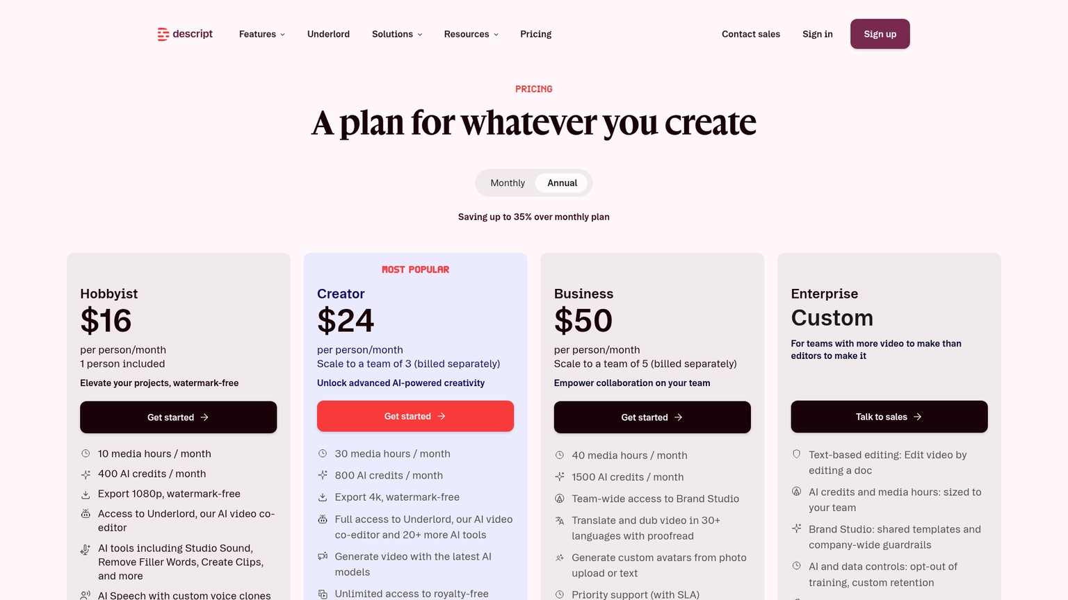 Página actual de precios de Descript con los planes Free, Hobbyist, Creator, Business y Enterprise