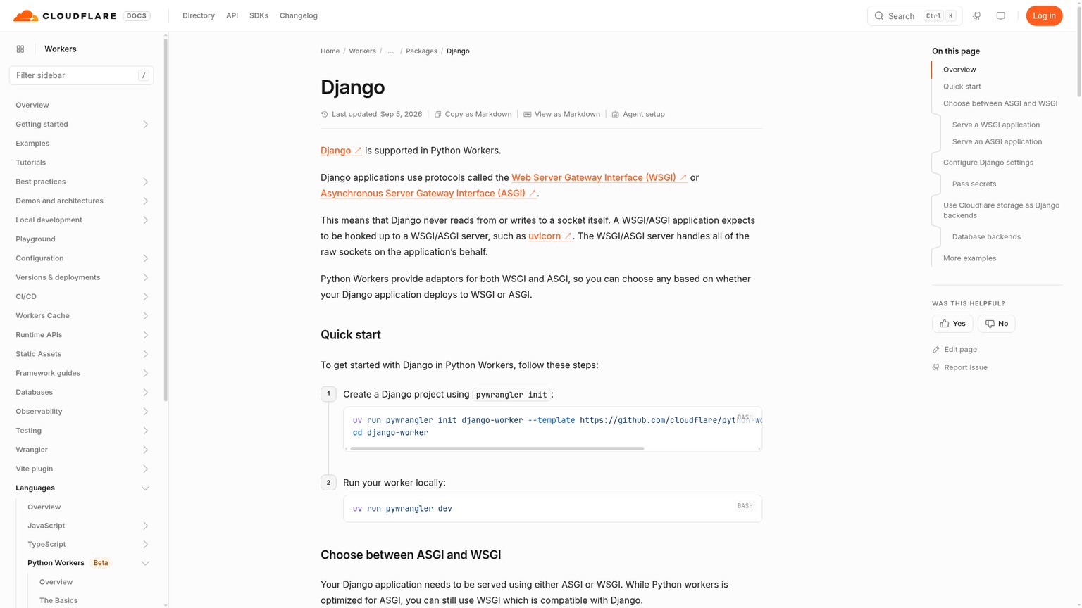 Documentación de Cloudflare para ejecutar Django en Python Workers