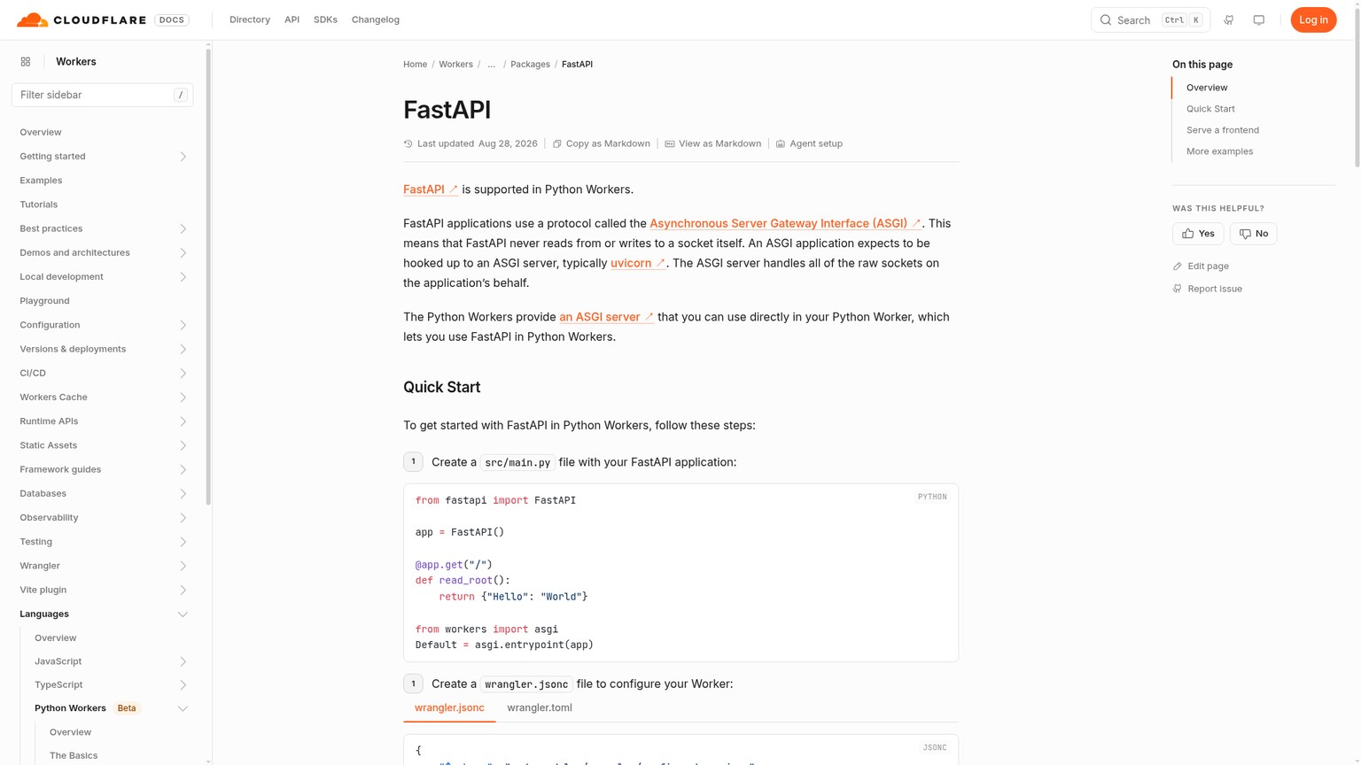 Documentación de Cloudflare para ejecutar FastAPI en Python Workers