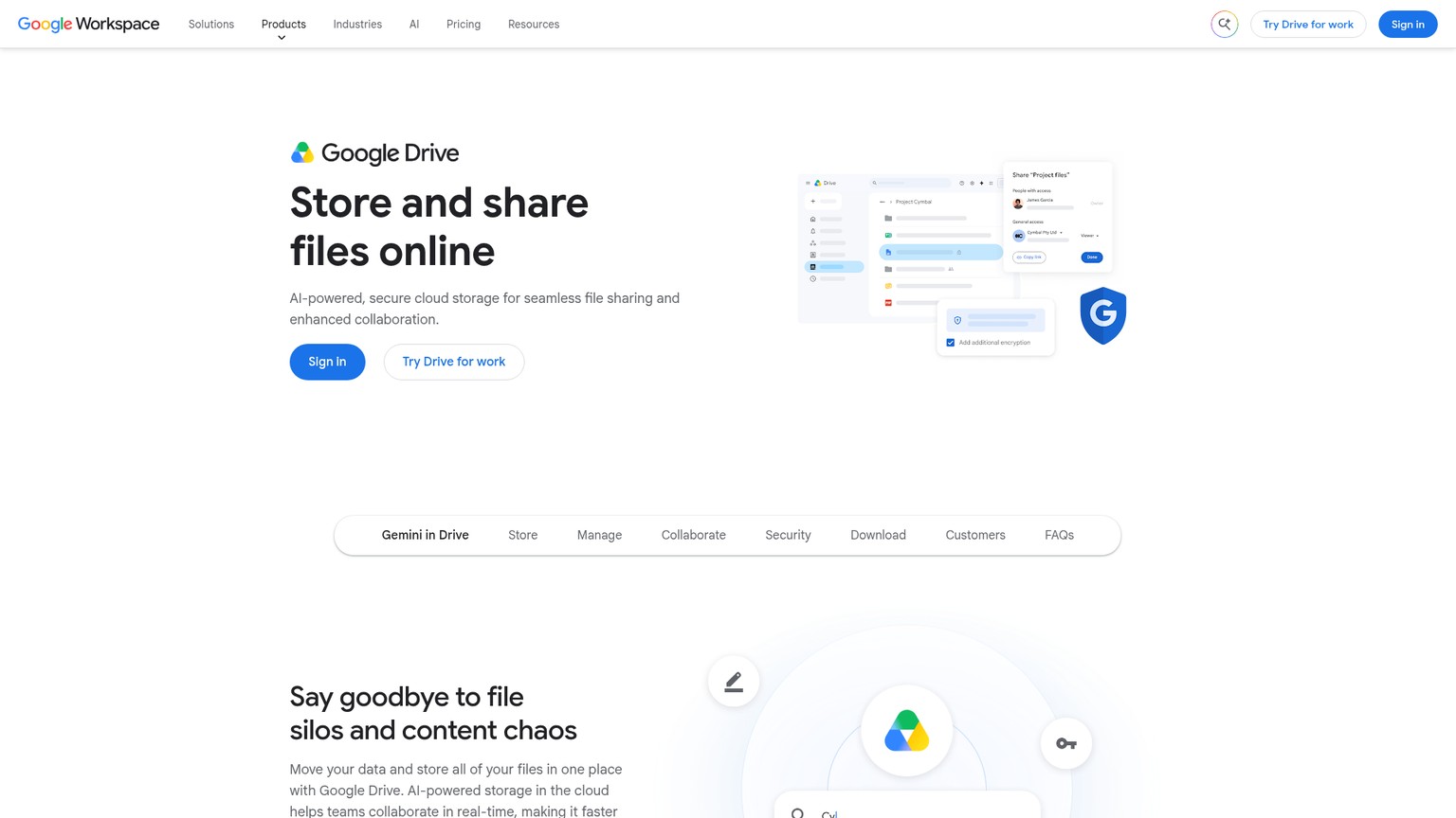 Pagina del prodotto Google Drive con le funzioni di archiviazione e condivisione dei file