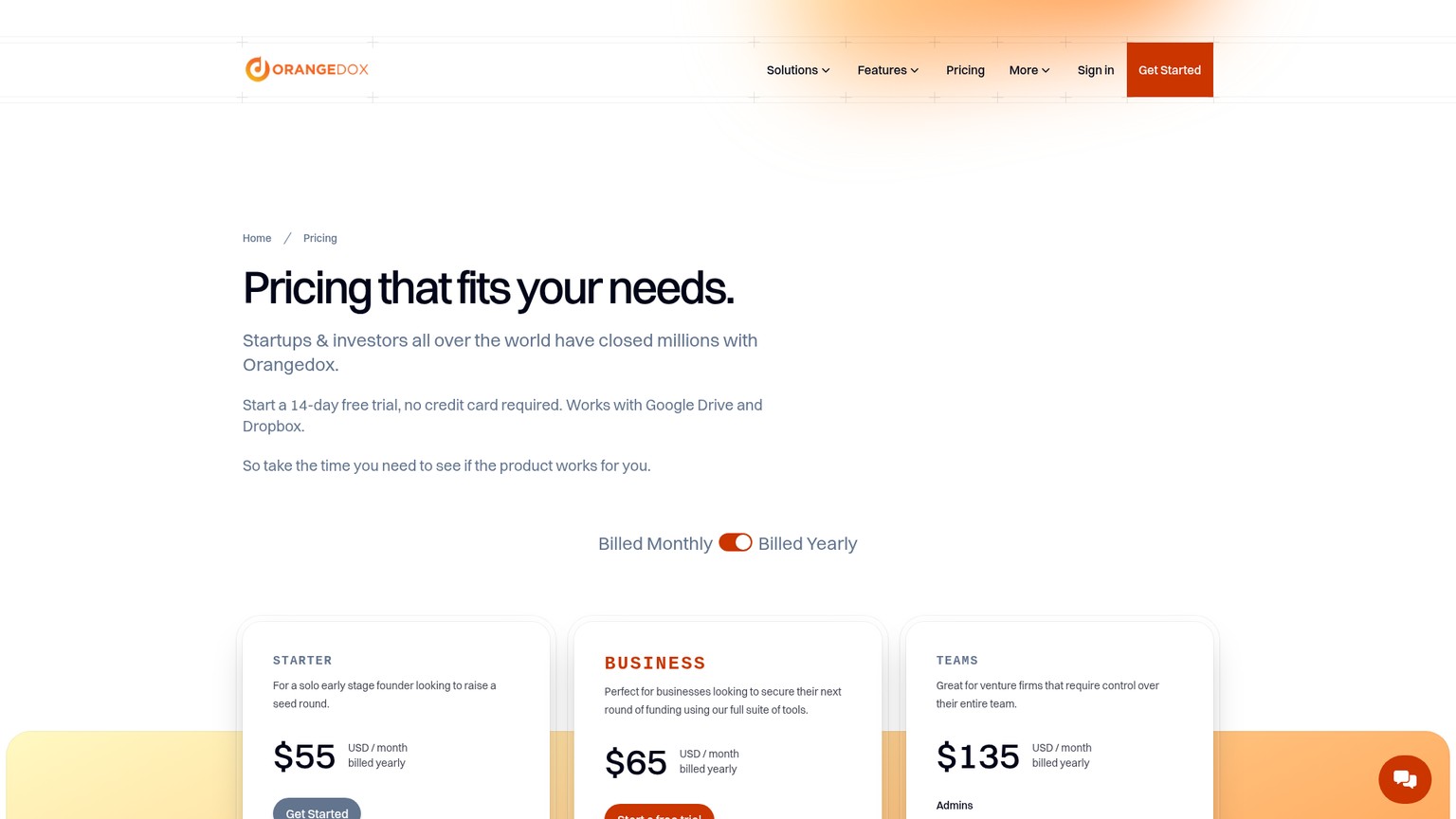 Pagina dei prezzi di Orangedox con i pacchetti di amministratori Starter, Business e Teams