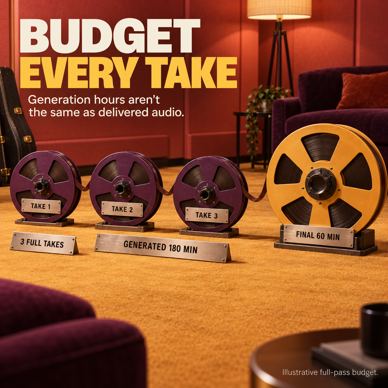 Three take reels total one hundred eighty generated minutes while a final master contains sixty finished minutes