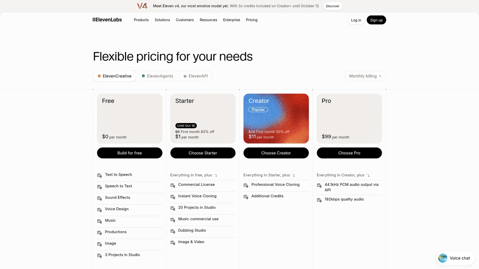 ElevenLabs creative pricing page with subscription plans and generation allowances