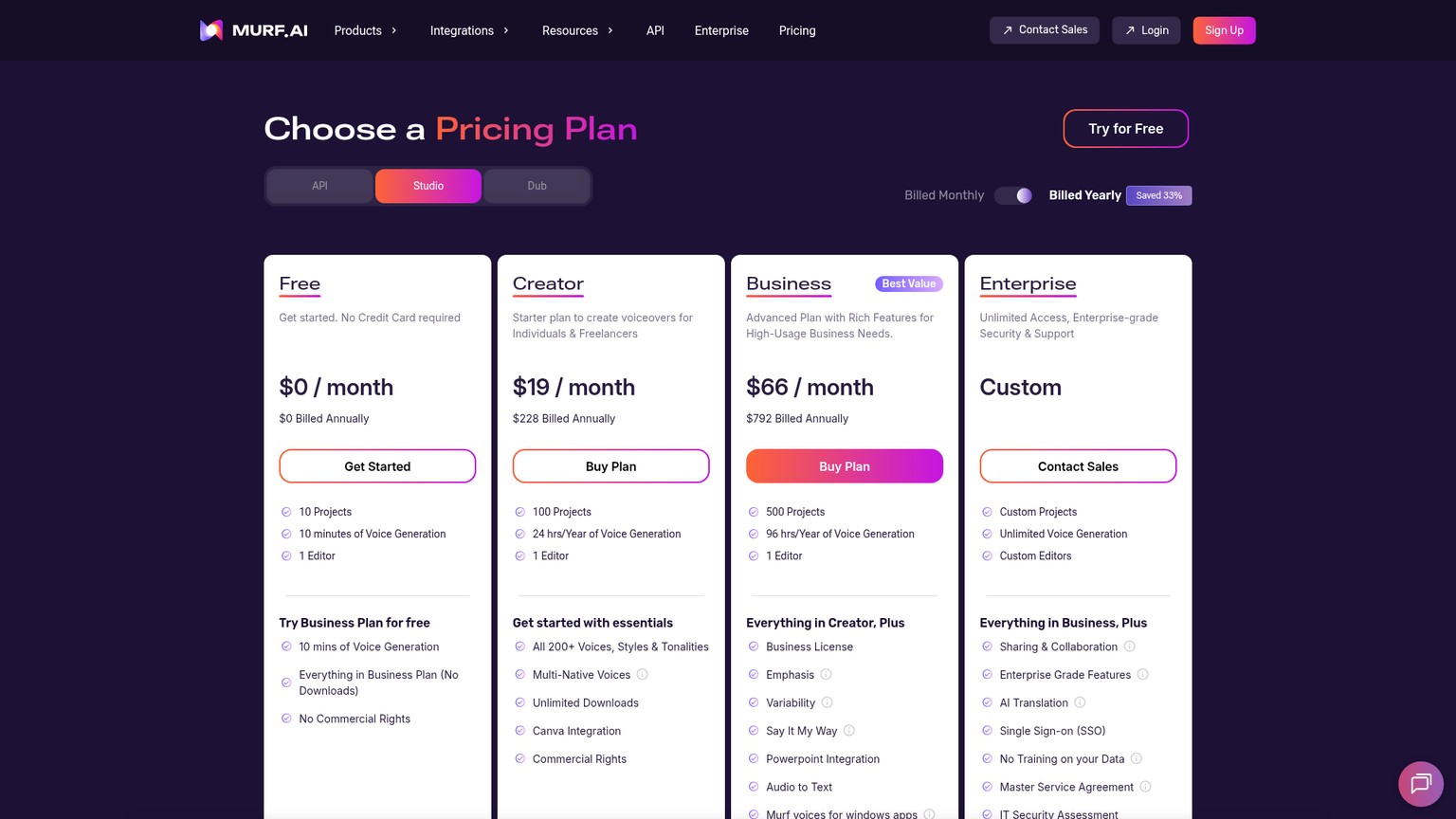 Murf Studio pricing tab showing Creator and Business annual generation allowances