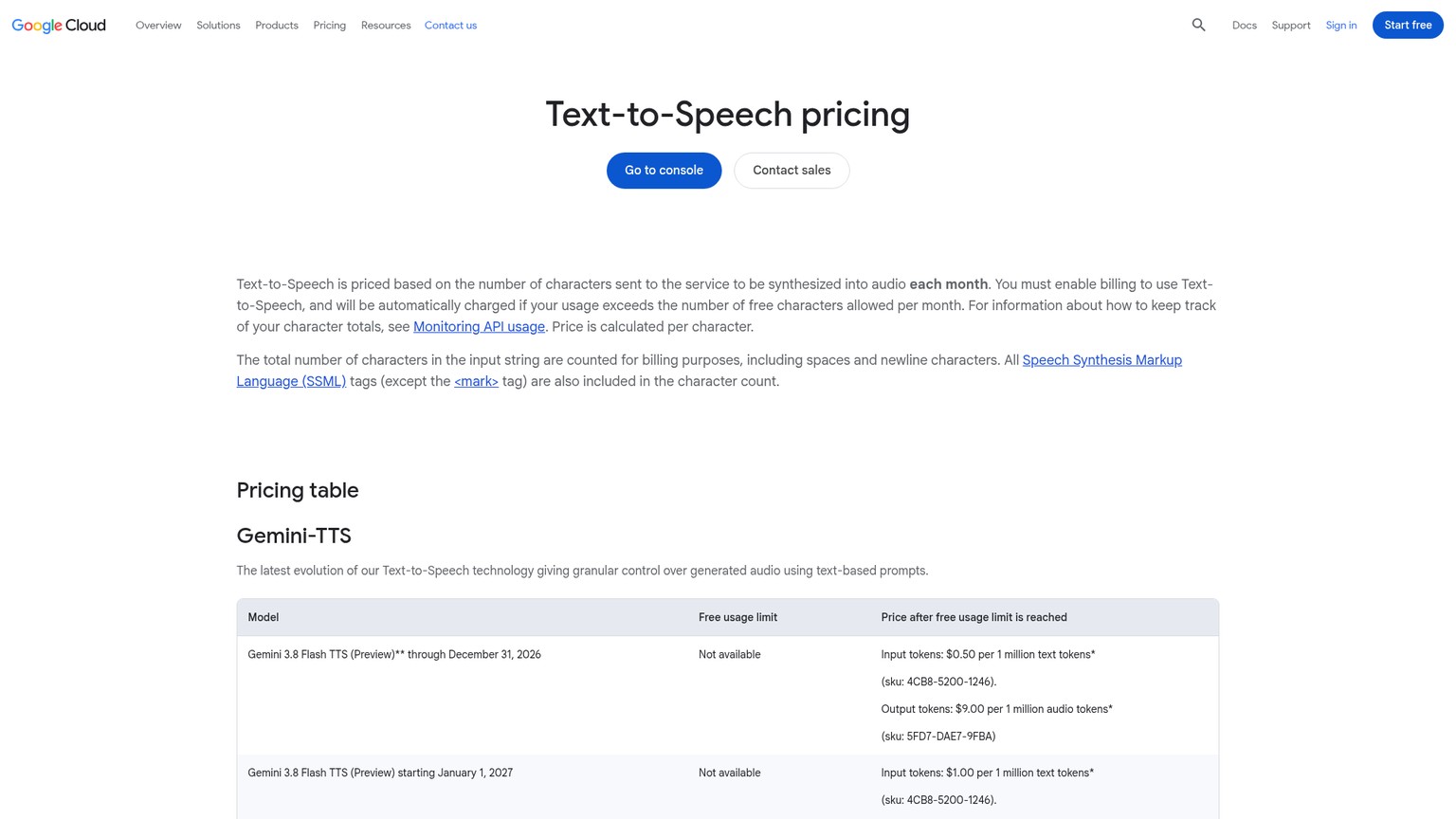 Google Cloud Text-to-Speech pricing table showing separate character rates for each voice family