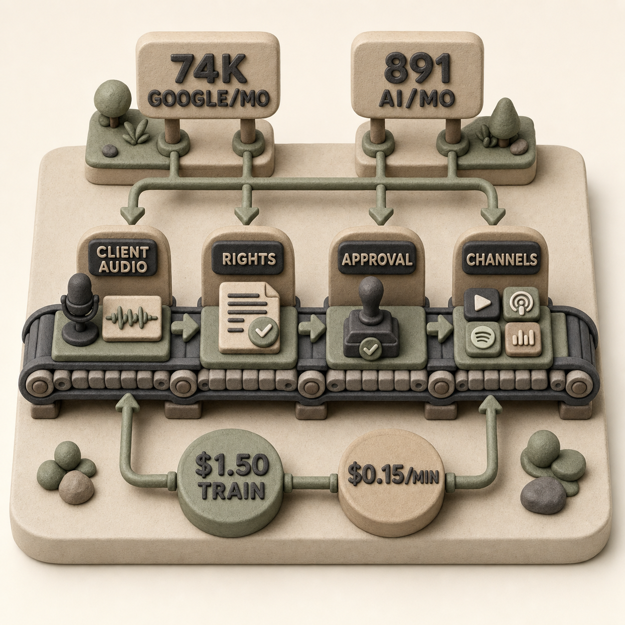 Infografía económica de arcilla que muestra la demanda general de música con IA, el costo de entrenamiento, el costo de generación y el flujo de aprobación de una agencia