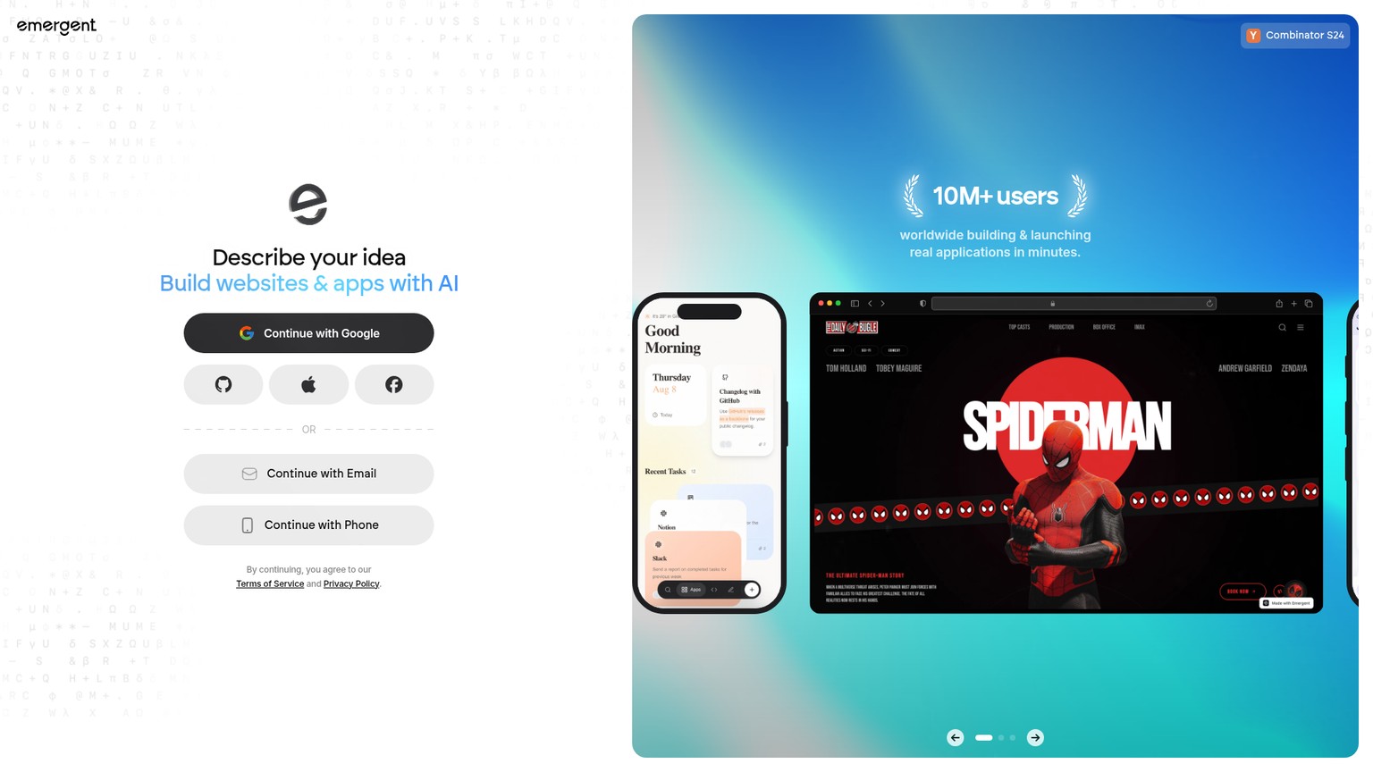 Emergent homepage showing the prompt-to-app product