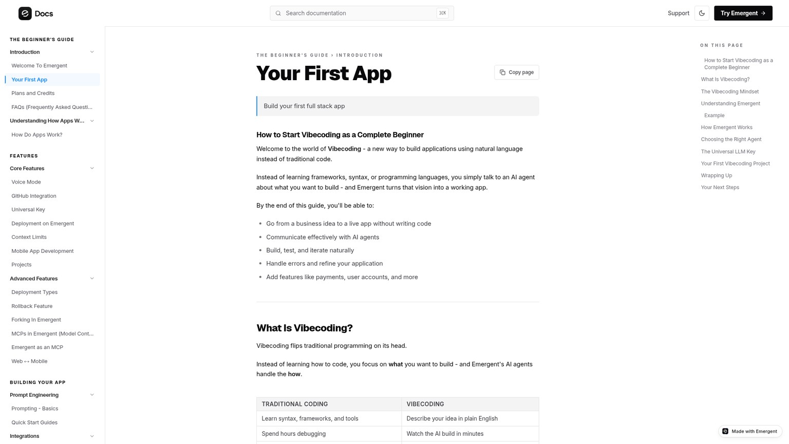 Emergent first-app workflow and preview documentation