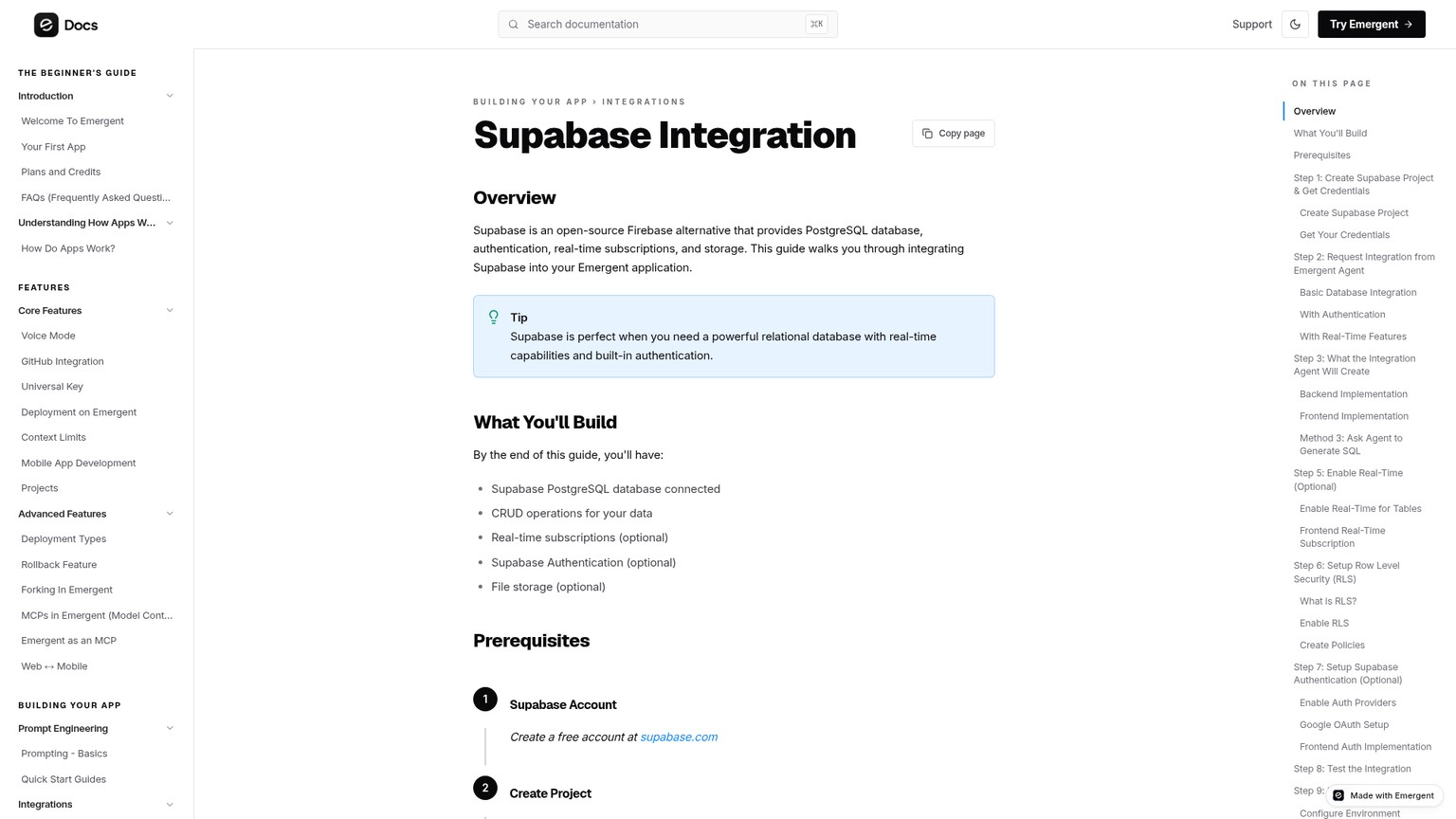 Emergent Supabase integration guide for database and authentication