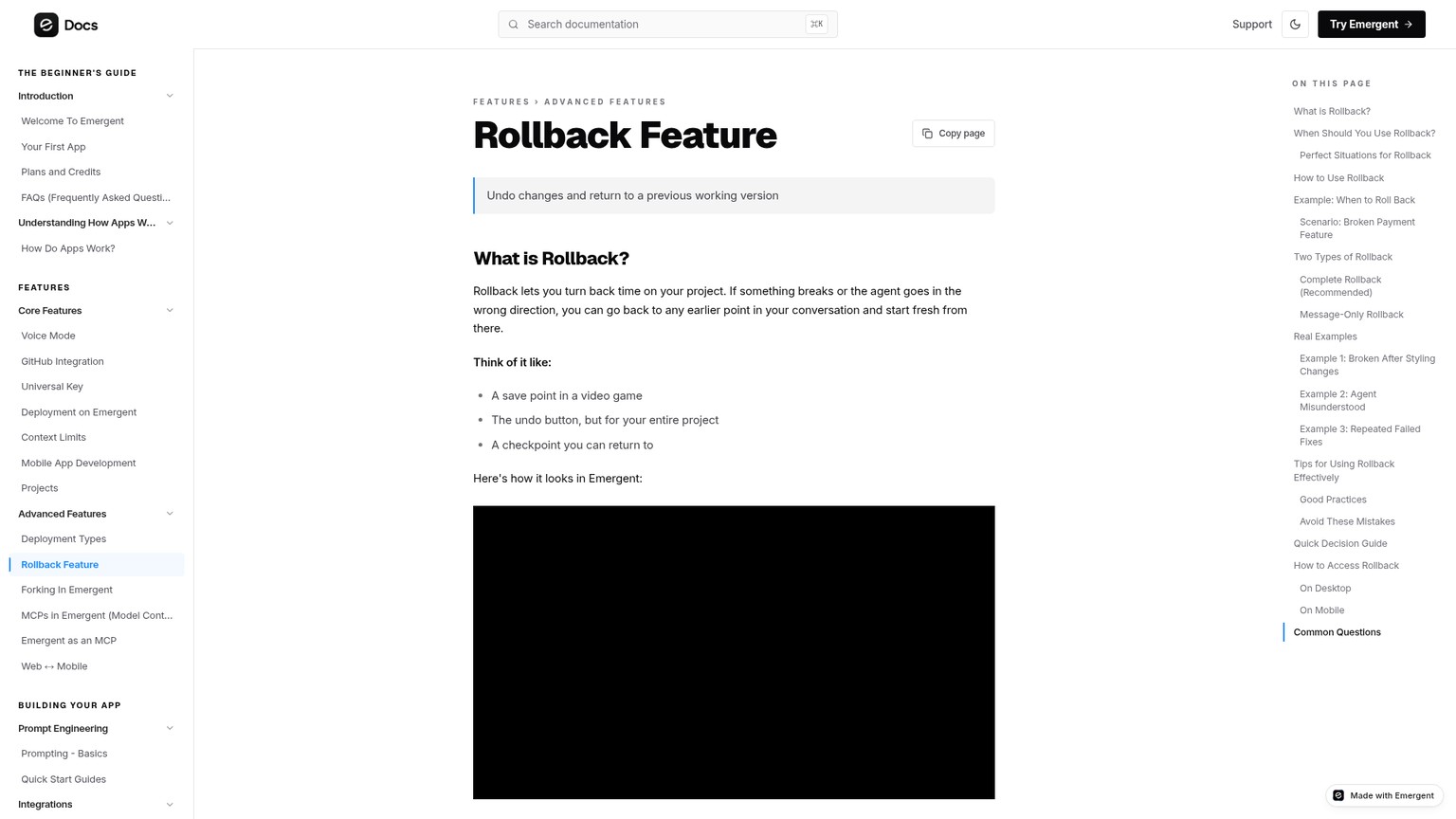 Emergent rollback feature documentation