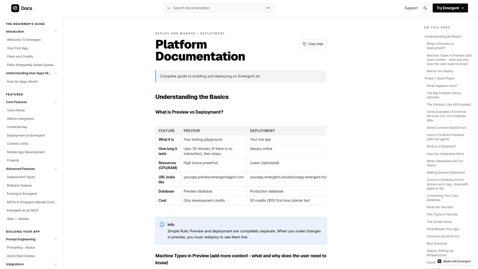 Emergent deployment and production environment documentation