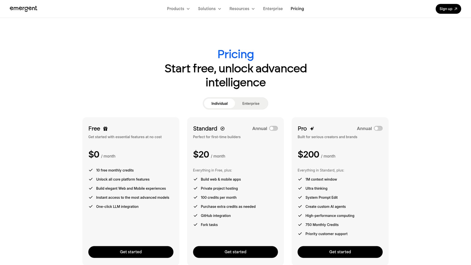 Current Emergent plan cards showing Free, Standard, Pro, Business, and Enterprise