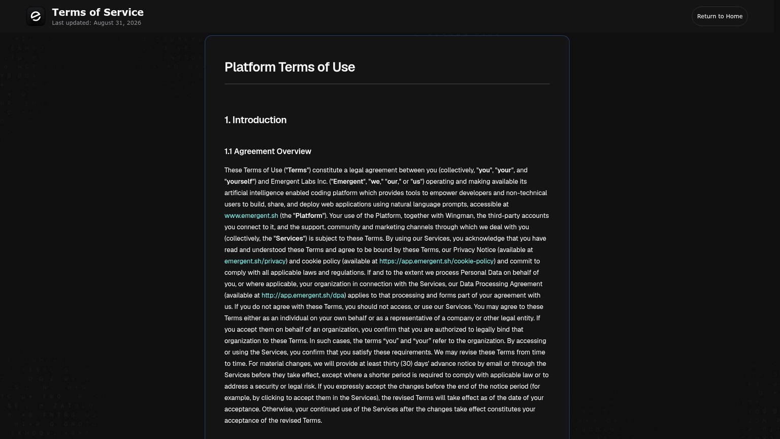 Emergent Terms of Service updated August 31 2026