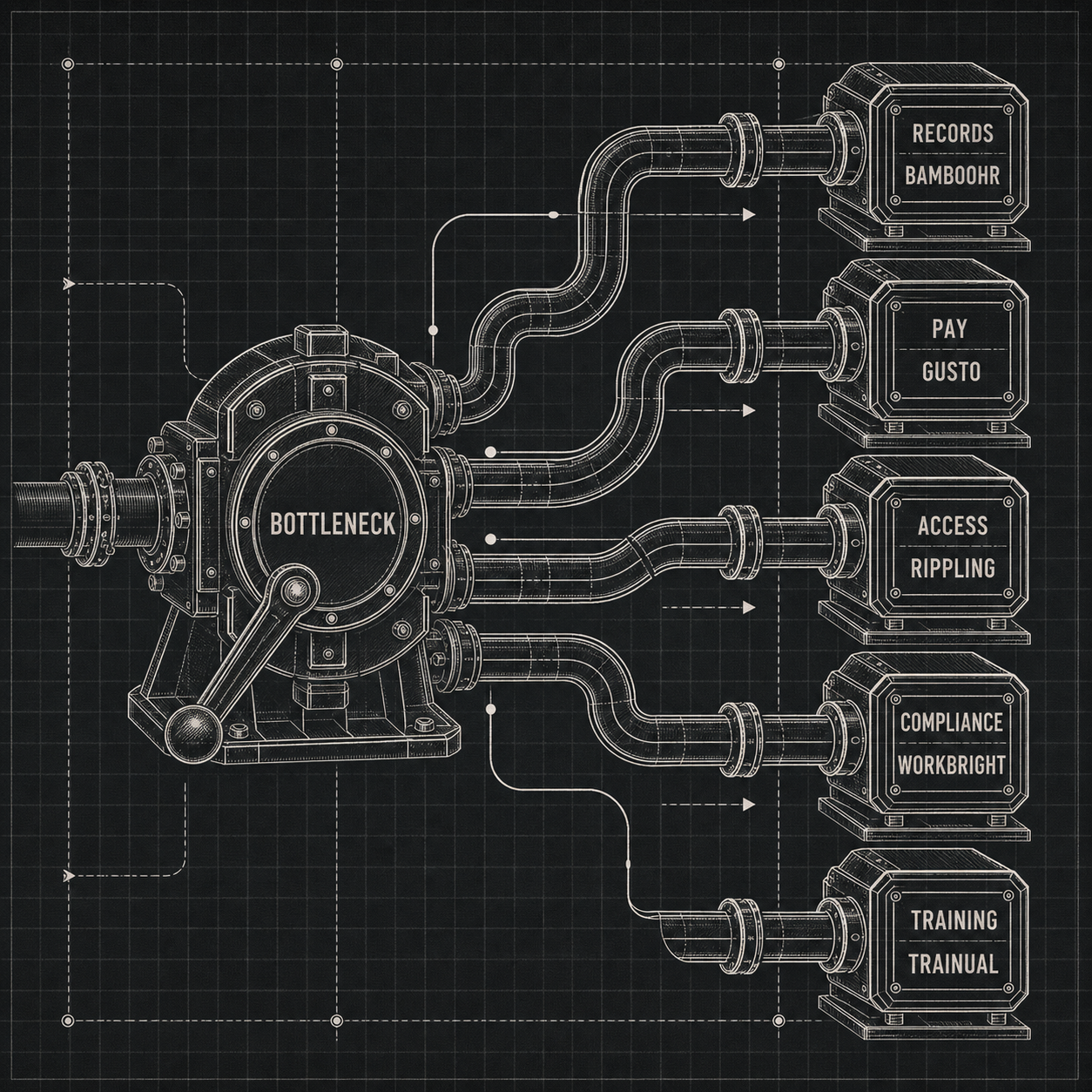 Decision flow routing employee onboarding bottlenecks to the right software category