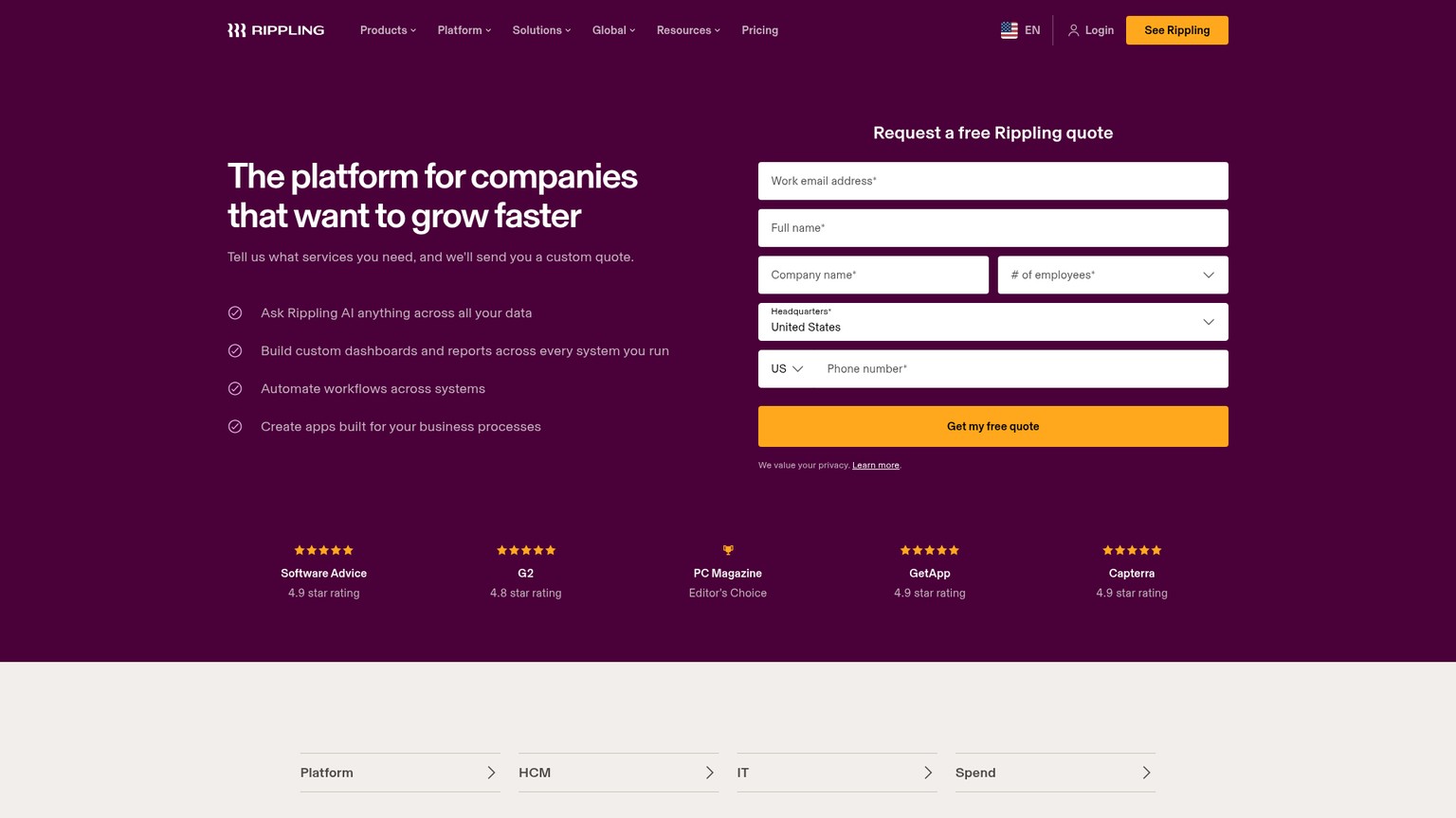 Rippling workforce platform pricing and product interface