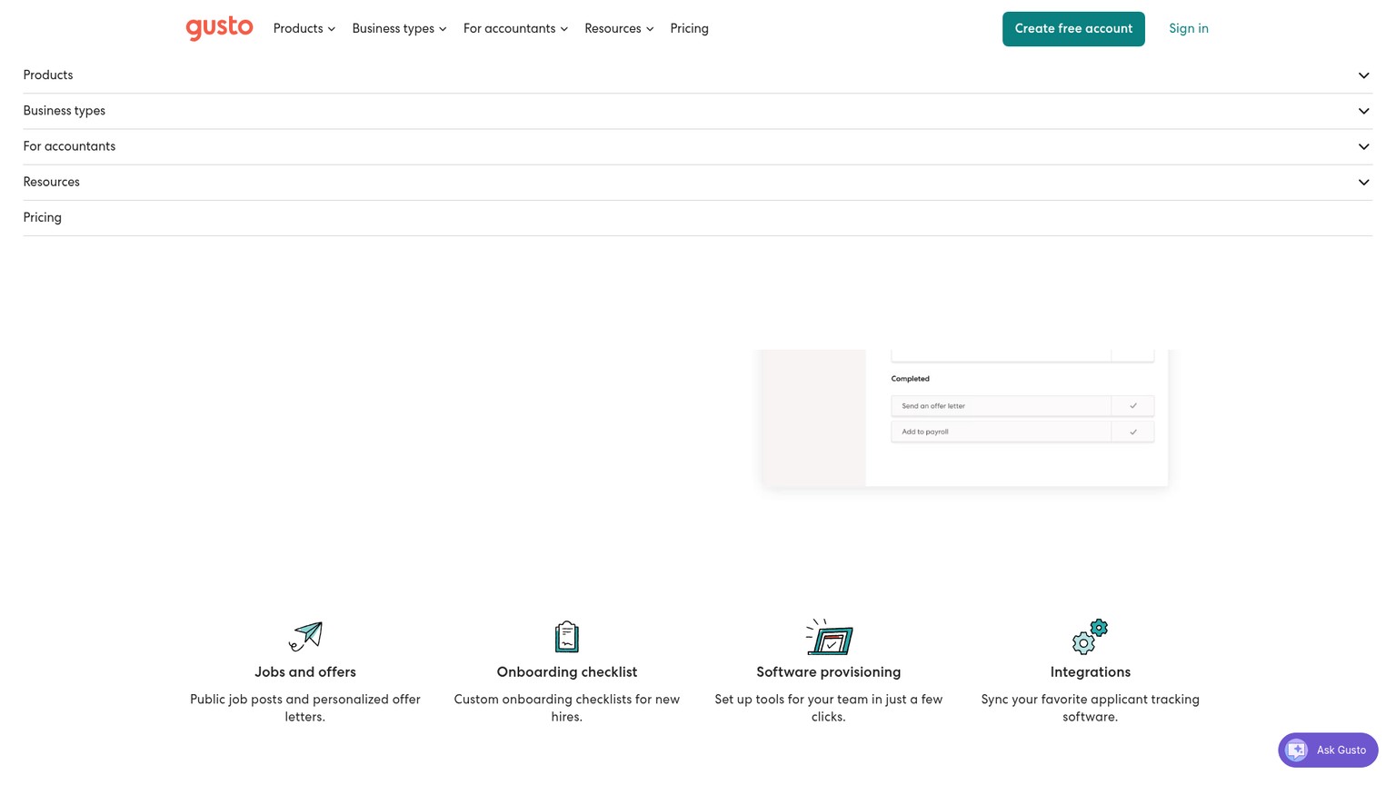 Gusto hiring and employee onboarding interface
