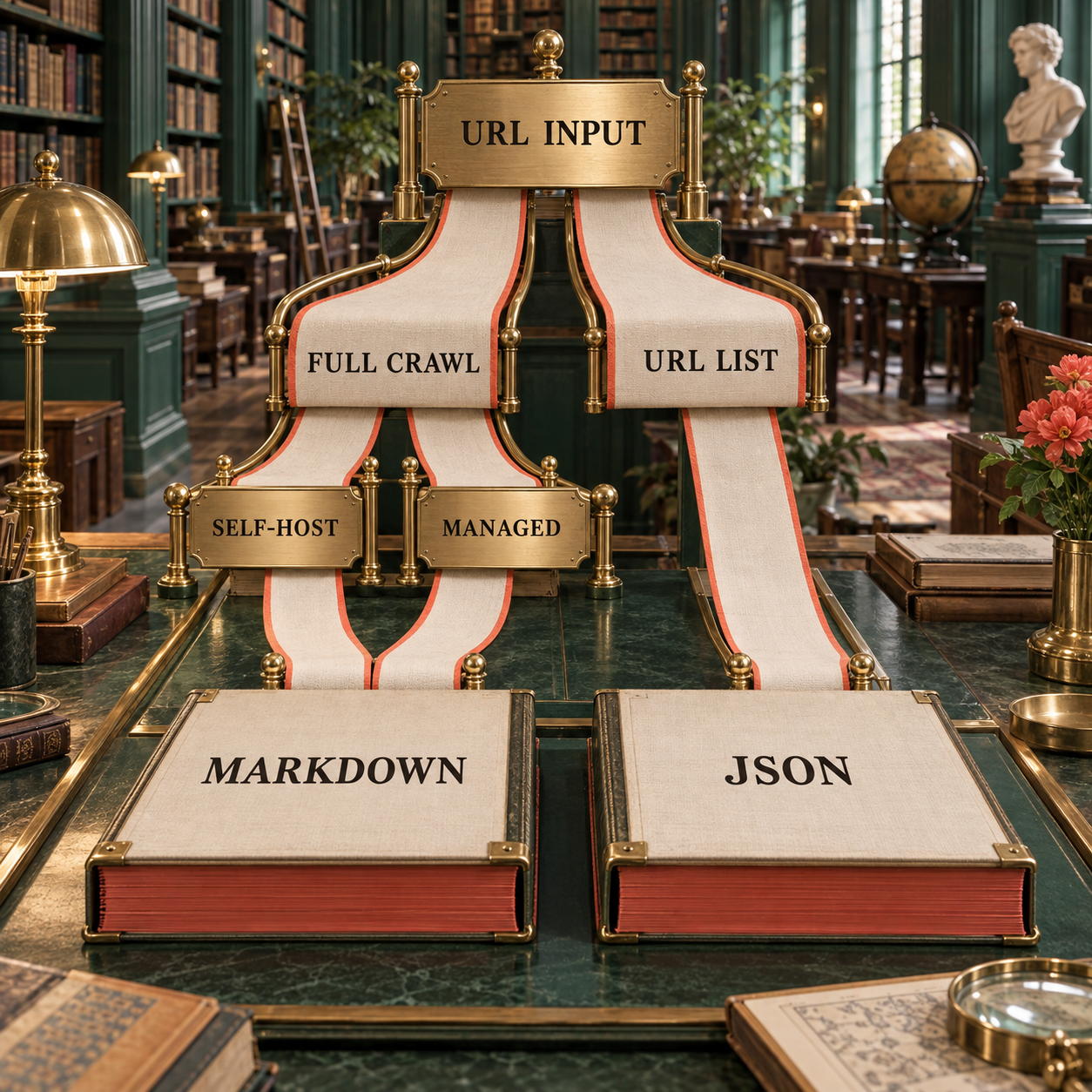 Decision flow from URL input through crawl or reader choices to Markdown and JSON