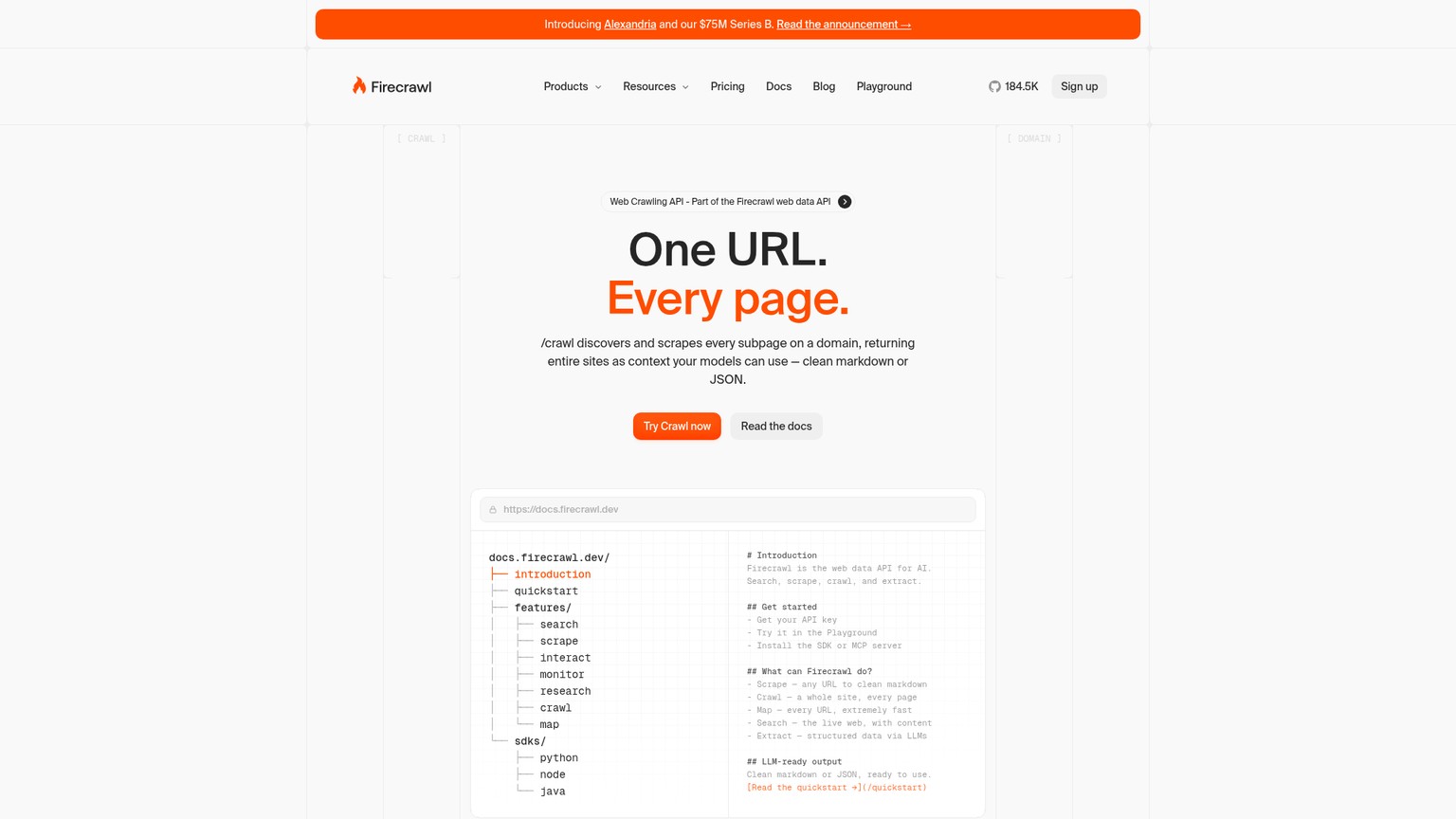 Firecrawl Crawl page showing site discovery, Markdown and JSON output