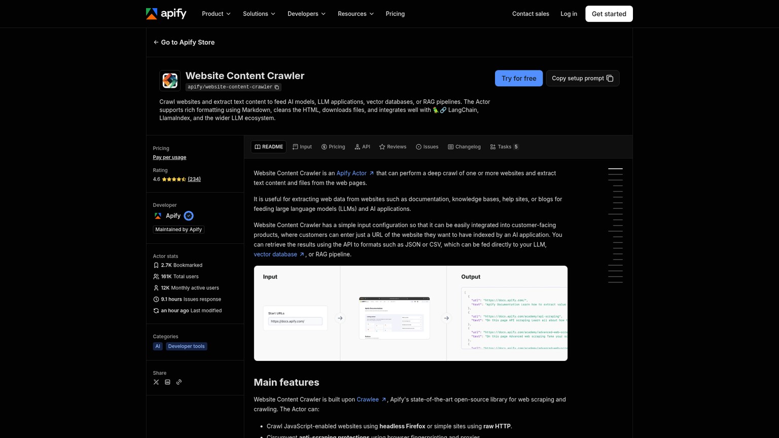 Apify Website Content Crawler page showing Markdown extraction and crawl settings