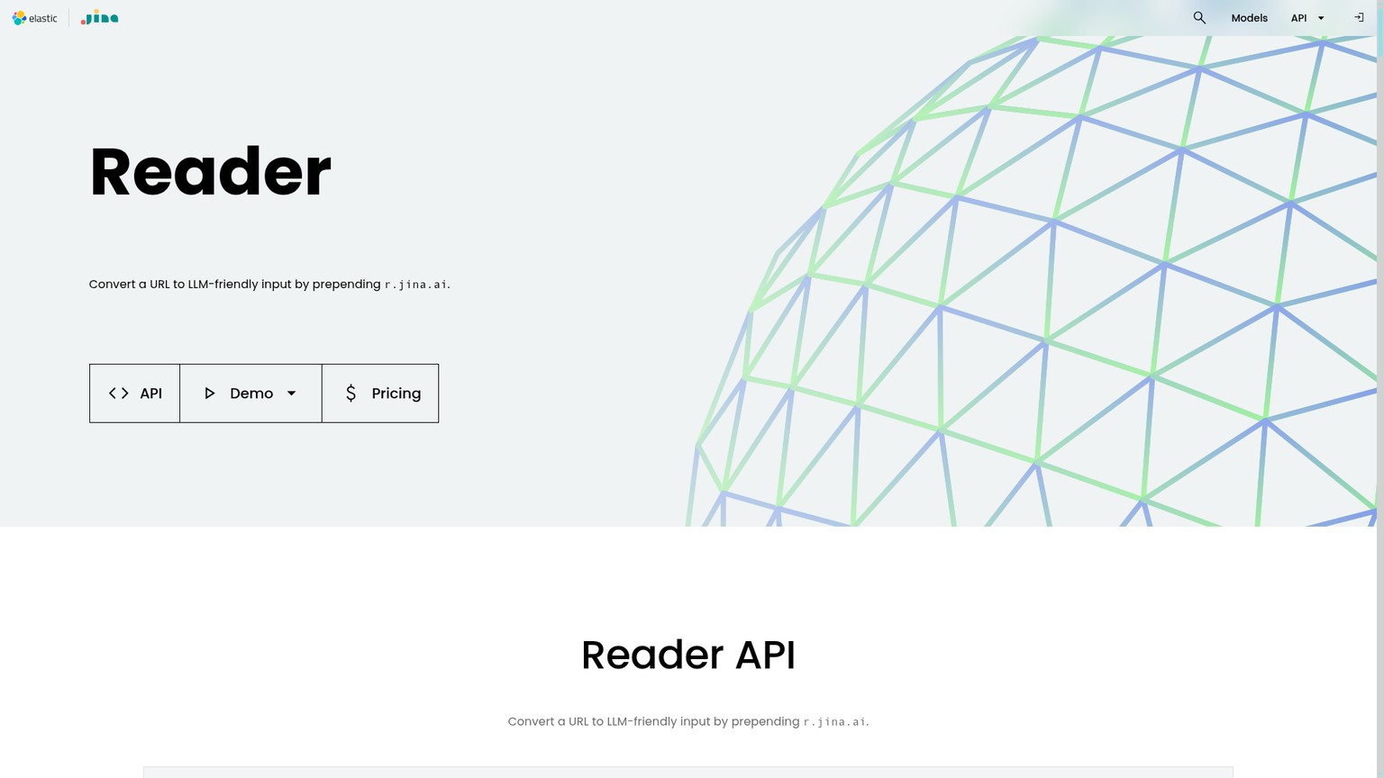 Jina Reader page showing URL to Markdown and structured JSON controls