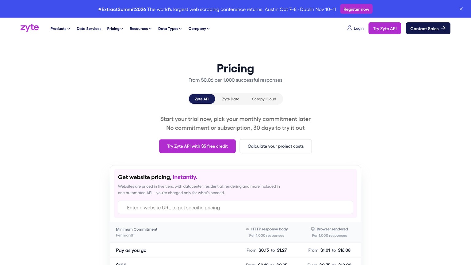 Zyte API pricing page showing HTTP and browser response tiers