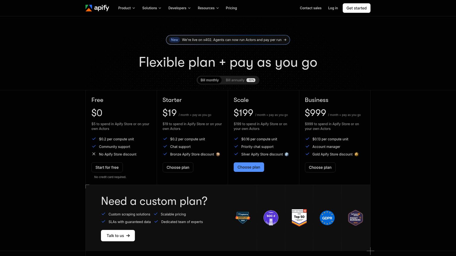 صفحة أسعار Apify التي توضح استخدام المنصة وفوترة Actor