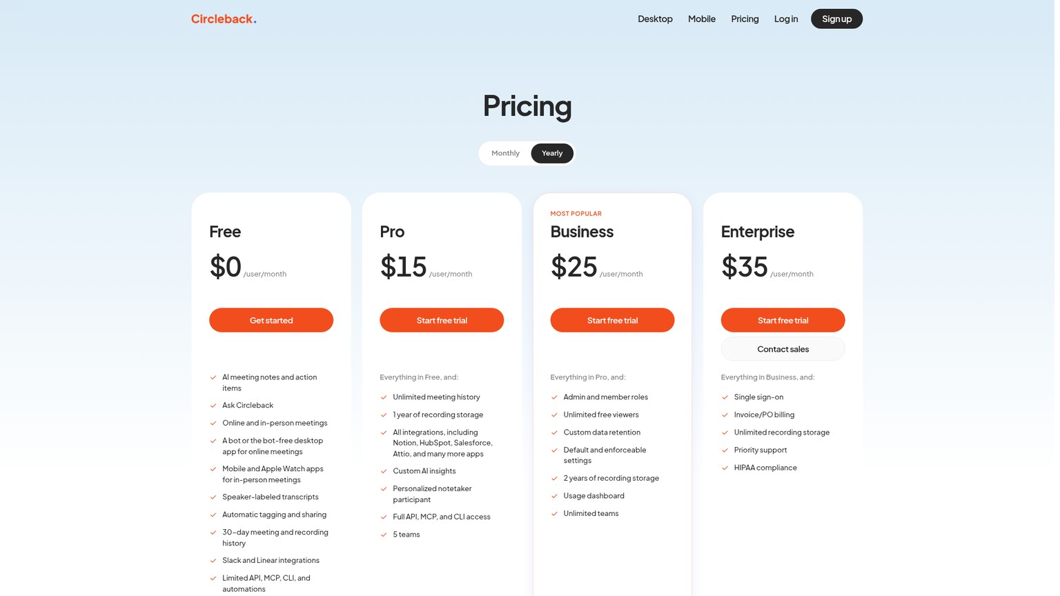 Circleback pricing page showing Free, Pro, Business, and Enterprise plans