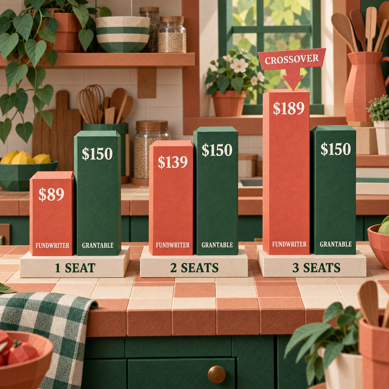 Column chart comparing Fundwriter.ai Professional and Grantable Pro prices for one, two, and three users