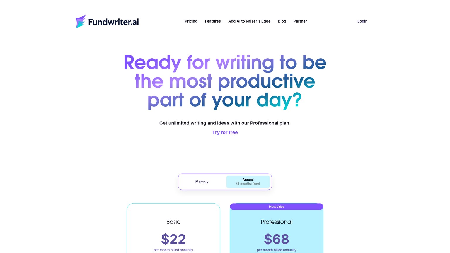 Fundwriter.ai pricing page showing Basic and Professional plans